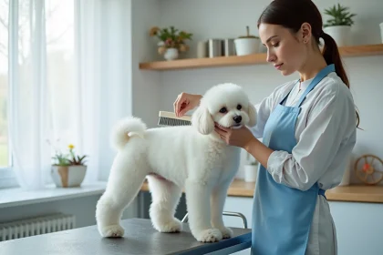 Toiletteur professionnel brossant le poil blanc d'un Bichon Maltais sur une table de toilettage dans un salon propre et organisé