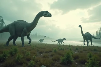 Paysage préhistorique panoramique avec plusieurs espèces de grands dinosaures marchant dans une plaine inondable ancienne