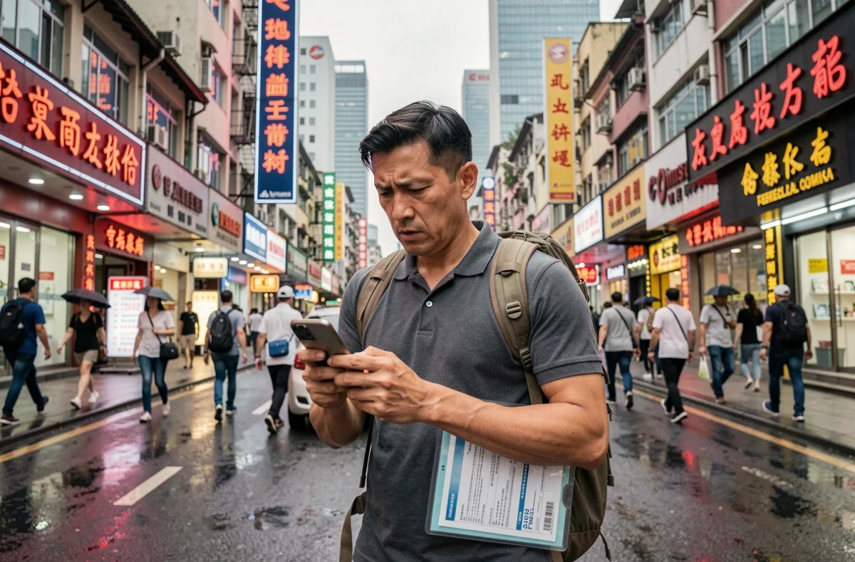 Touriste occidental perdu dans les rues de Shanghai consultant son téléphone sans assurance voyage adaptée pour la Chine