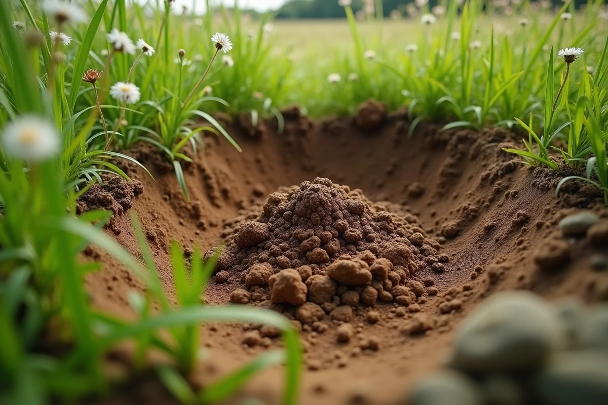 Gros plan sur une latrine de blaireau dans un pré en été