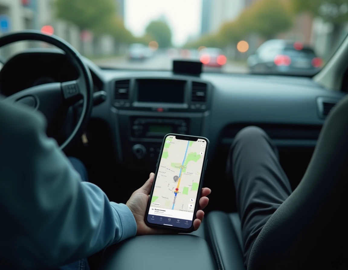Traceur GPS posé sur le tableau de bord d'une voiture avec une carte sur smartphone