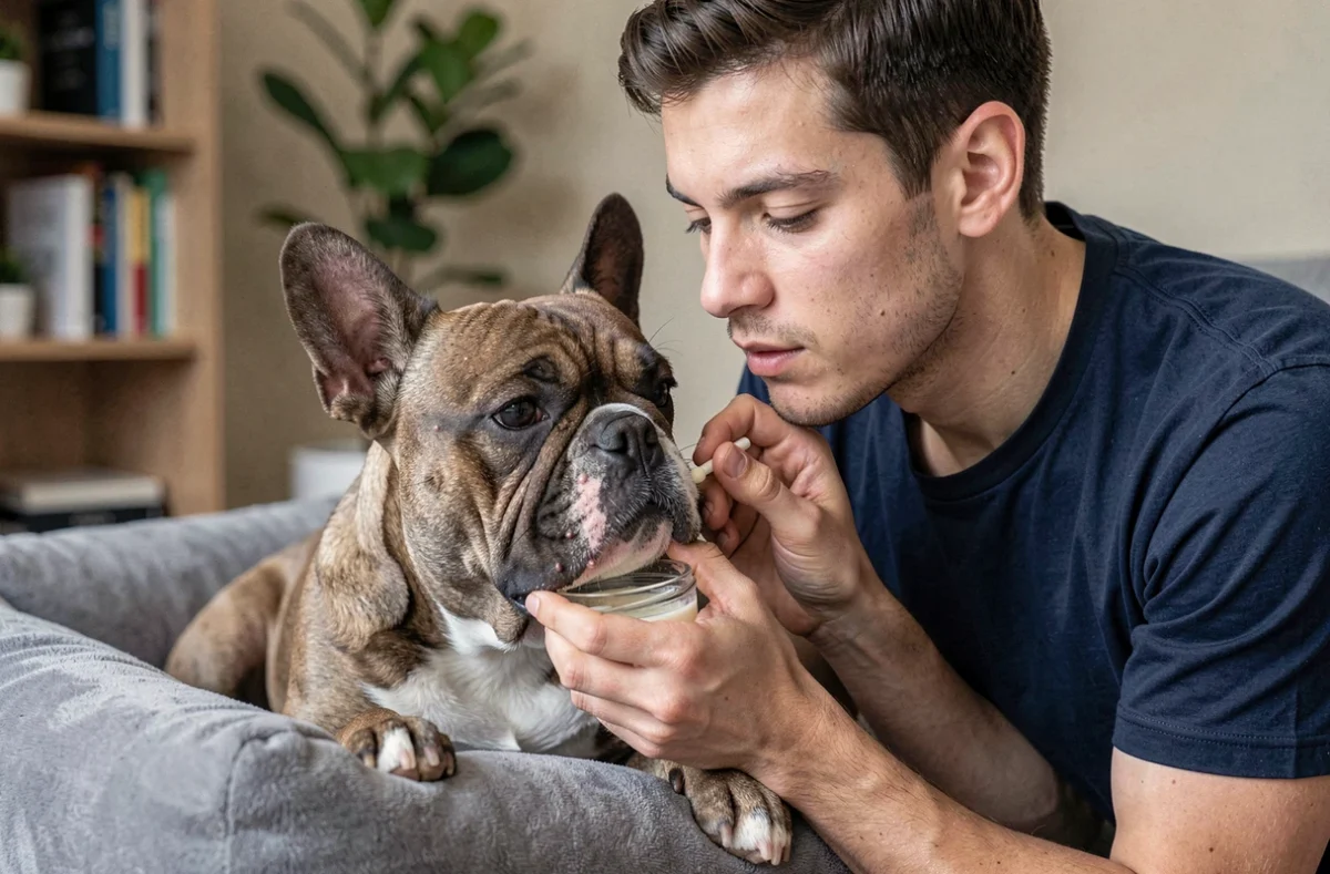 Homme appliquant un soin naturel sur les boutons du menton d'un bouledogue français à la maison