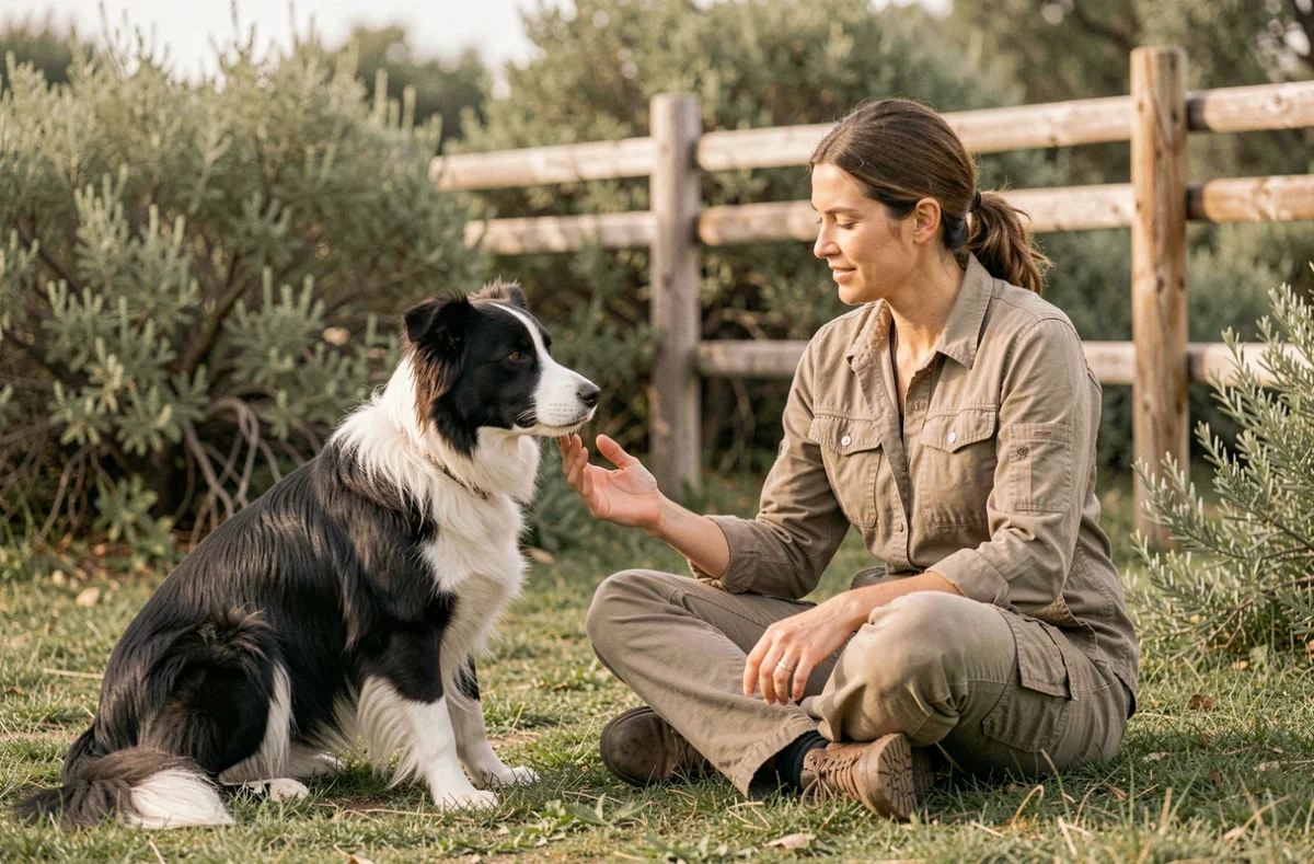 Spécialiste en comportement canin en session calme avec un border collie à La Tribu du Bontemps