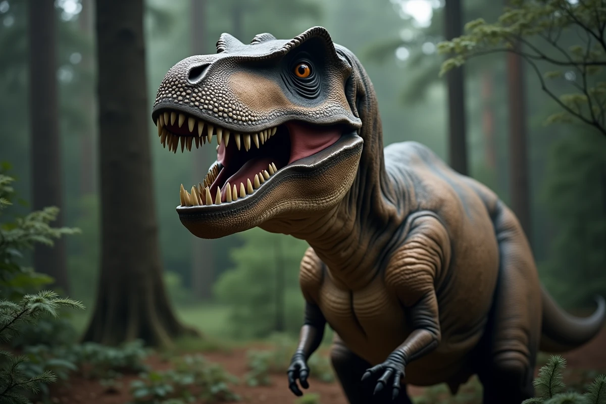 Tyrannosaurus rex en posture d'alerte dans une forêt crétacée, montrant sa mâchoire massive et sa peau texturée