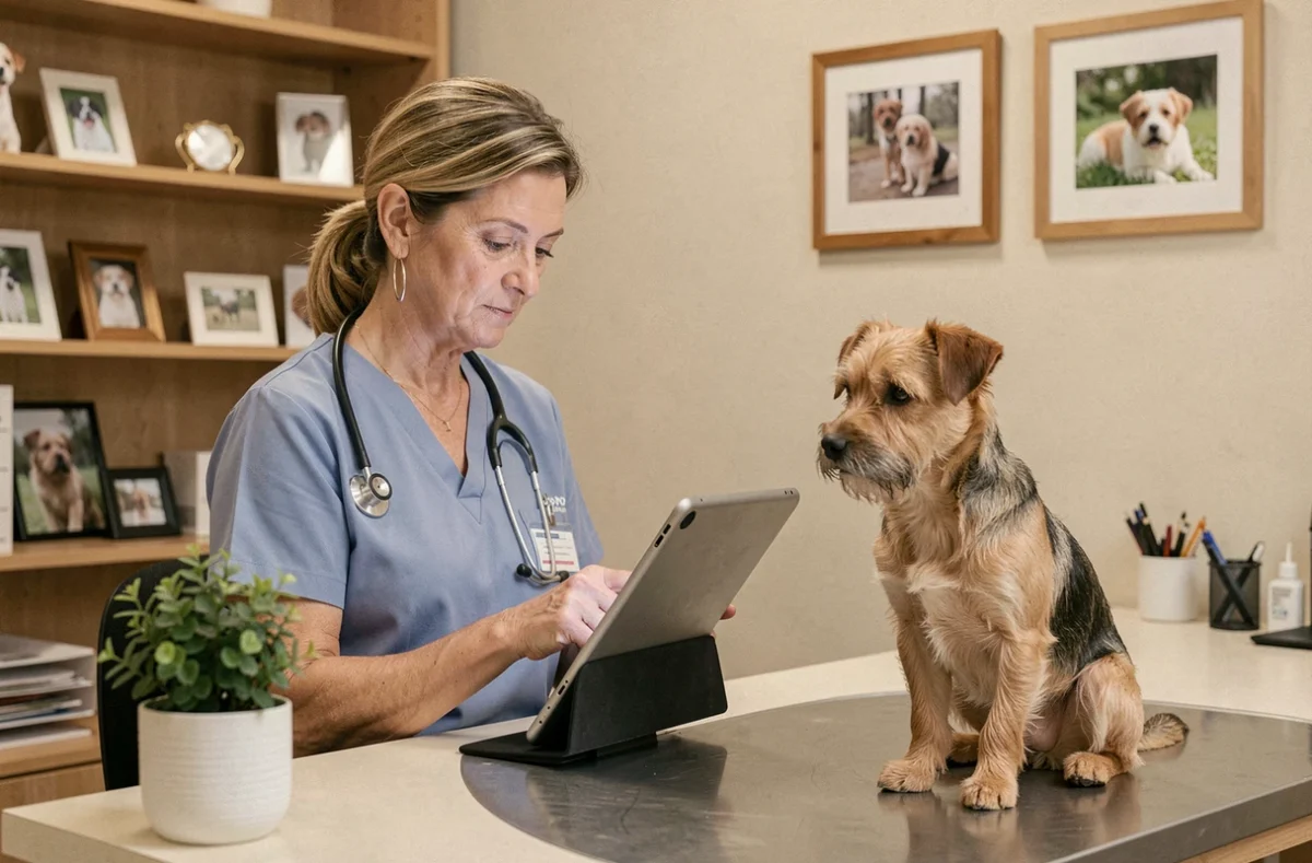 Vétérinaire Nadine Vandersmissen en consultation avec un petit chien dans son cabinet