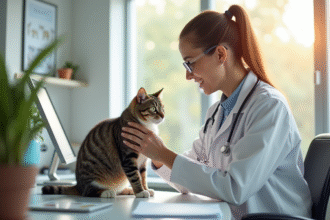 Vétérinaire souriant examinant un chat dans un bureau lumineux