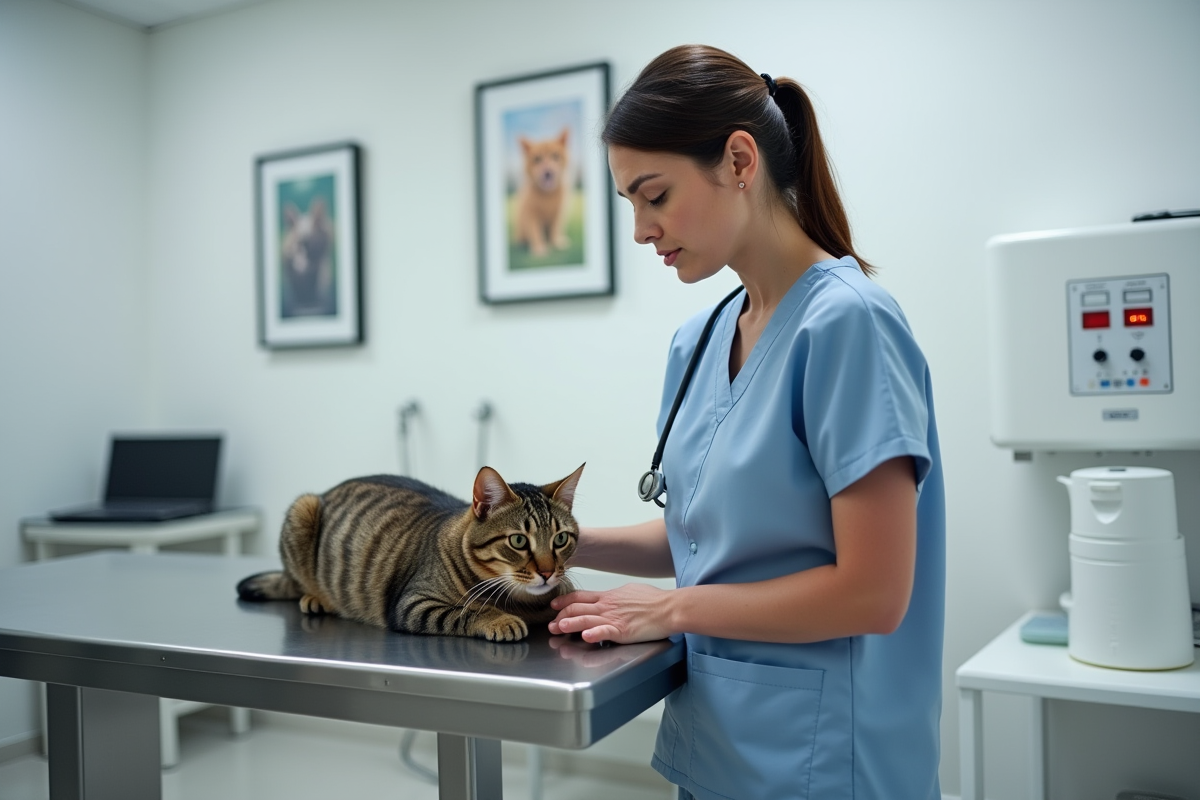 Vétérinaire examinant un chat calme en clinique