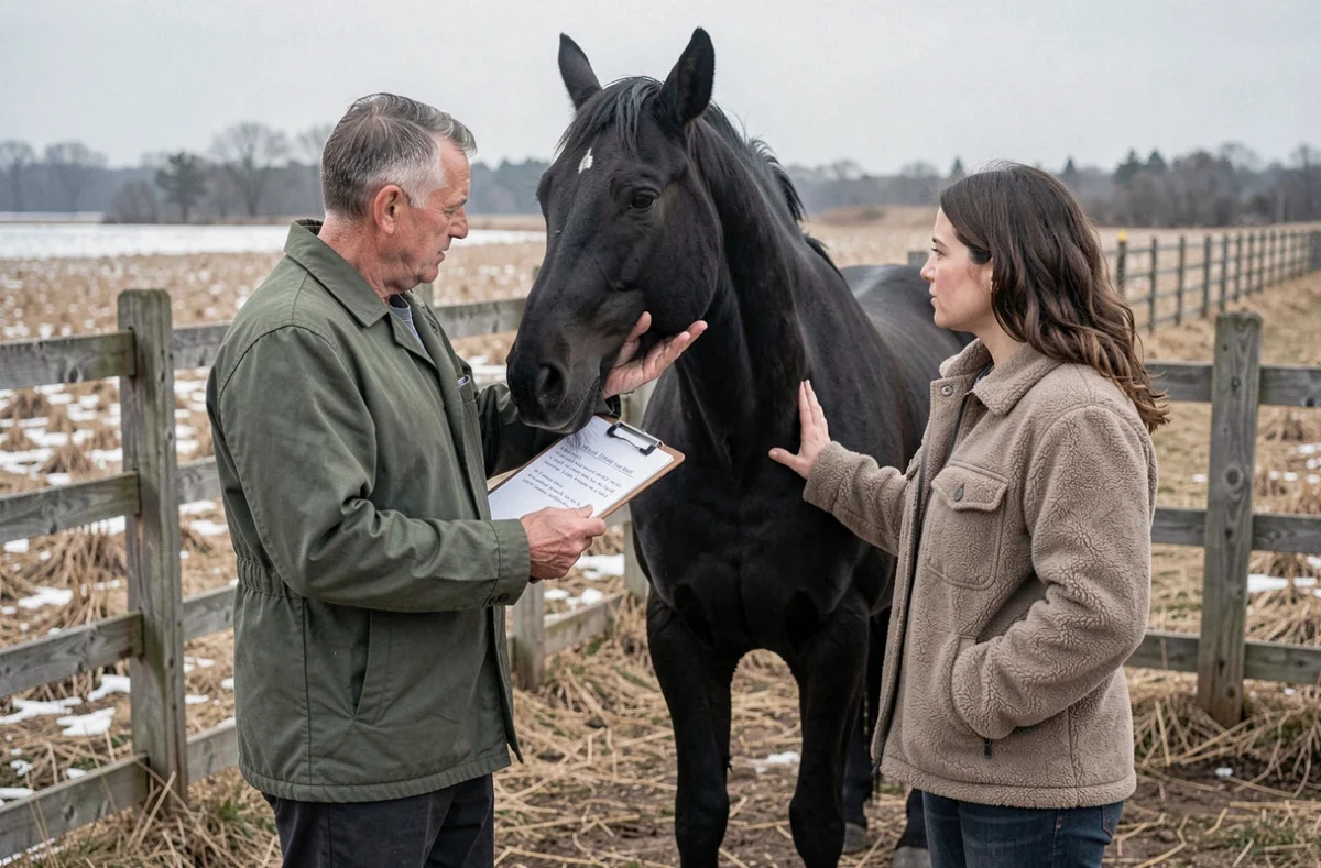 Vétérinaire examinant un cheval noir avec son propriétaire dans un pré en hiver
