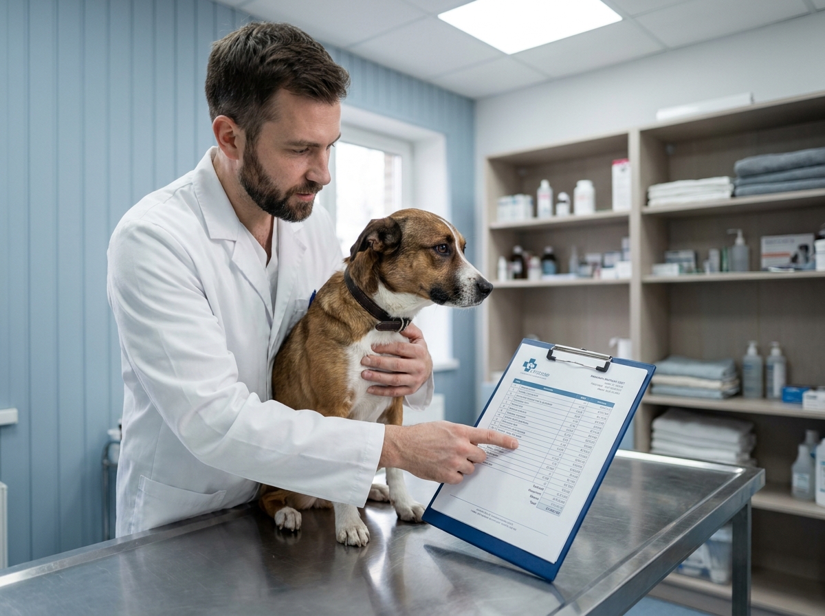 Vétérinaire examinant un chien sur une table de consultation avec un devis de soins vétérinaires dans une clinique moderne