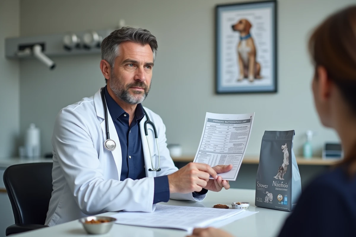 Vétérinaire expliquant les critères d'une bonne alimentation pour chien à l'aide d'un tableau nutritionnel lors d'une consultation