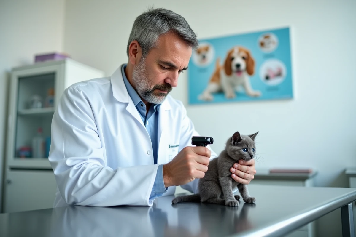 Vétérinaire examinant un chaton gris lors d'une consultation préalable à l'adoption dans une clinique vétérinaire près de Toulon