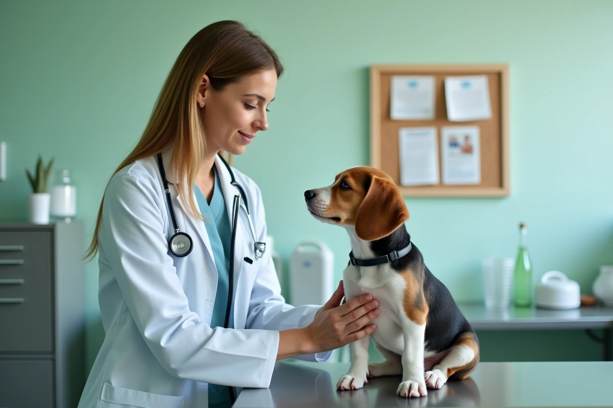 Vétérinaire examinant un chiot beagle en consultation dans une clinique vétérinaire, illustrant l'importance de la couverture santé animale