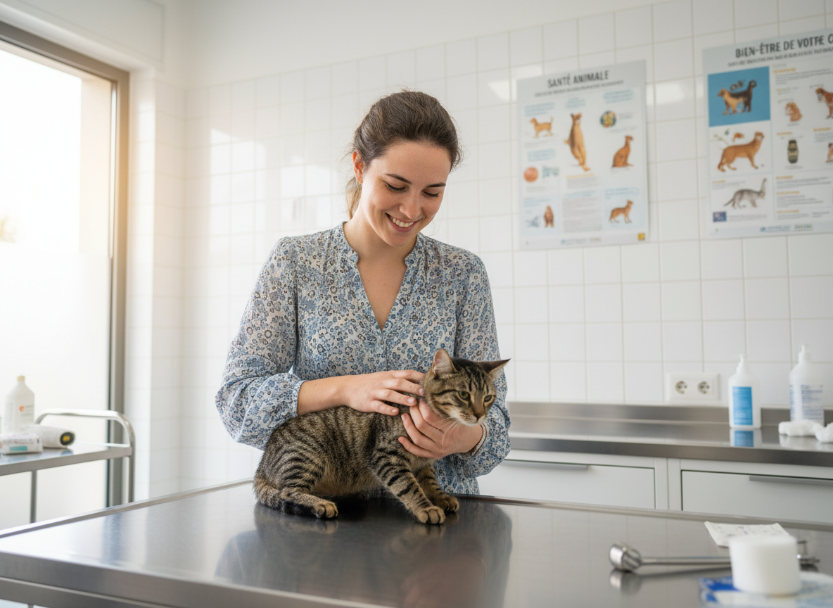 Vétérinaire française examinant un chat dans une clinique