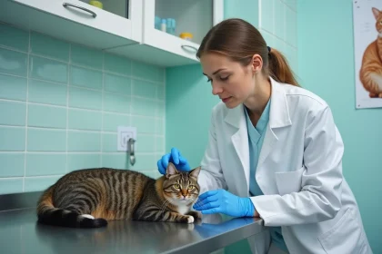 Vétérinaire examinant un chat tigré sur une table d'examen en clinique vétérinaire pour évaluer un traitement antiparasitaire au lotilaner
