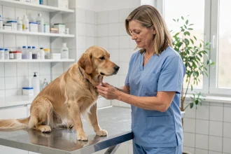 Vétérinaire examinant un golden retriever dans une clinique moderne pour illustrer la mutuelle chien et les soins courants