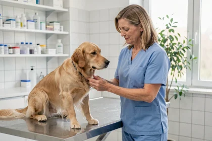 Vétérinaire examinant un golden retriever dans une clinique moderne pour illustrer la mutuelle chien et les soins courants