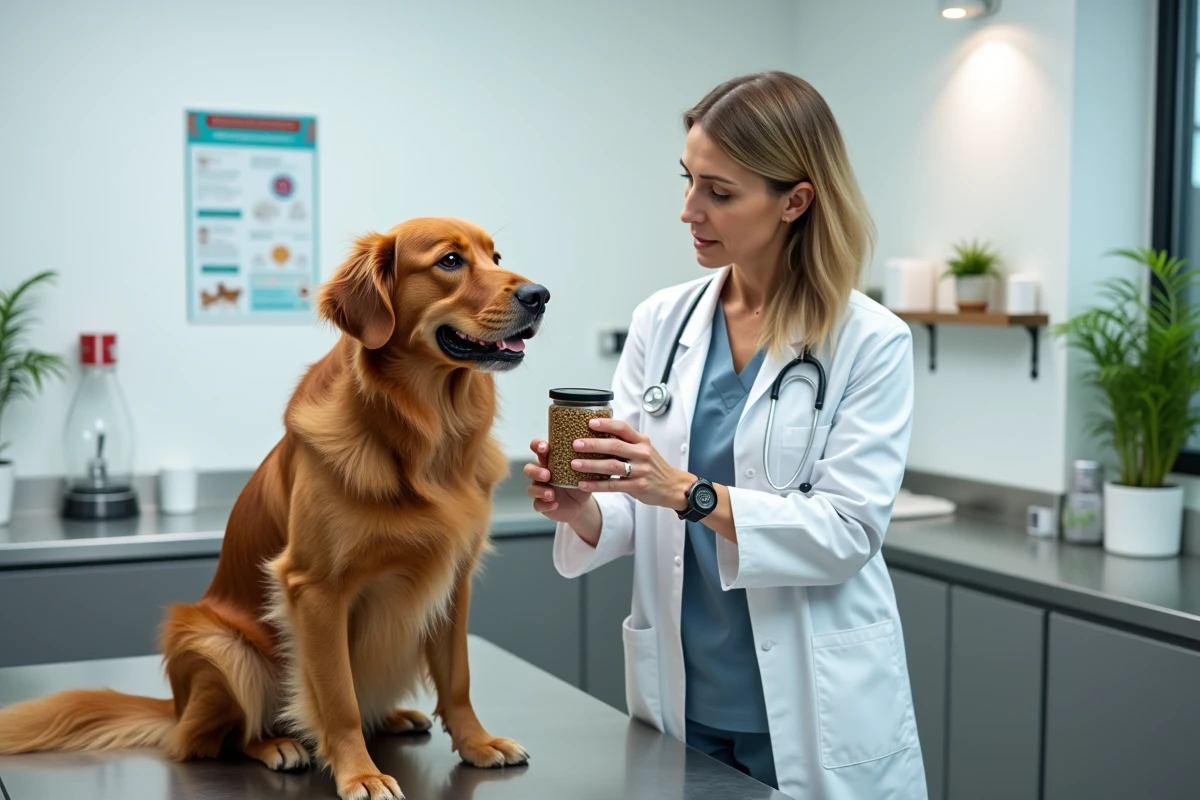 Vétérinaire examine un retriever dans une clinique moderne