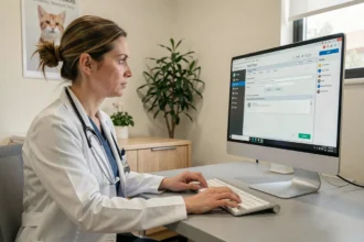 Vétérinaire utilisant le logiciel GmVet sur un ordinateur dans une clinique vétérinaire