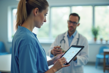 Vétérinaire examinant des dossiers sur une tablette dans une clinique moderne