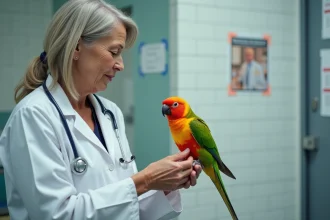 Vétérinaire examinant un perroquet rosella dans une clinique