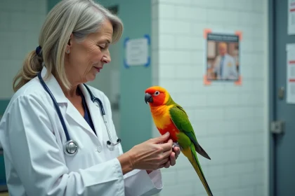 Vétérinaire examinant un perroquet rosella dans une clinique
