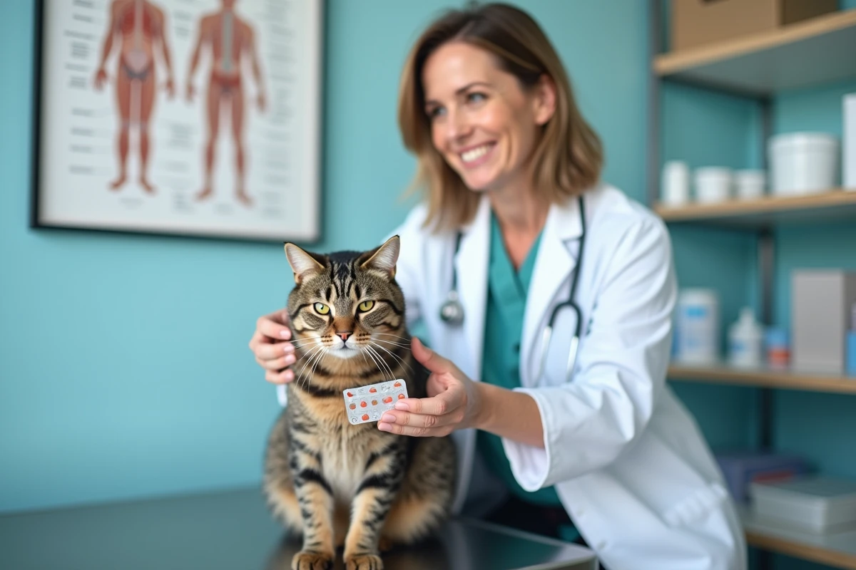 Vétérinaire présentant une pilule contraceptive pour chat lors d'une consultation clinique