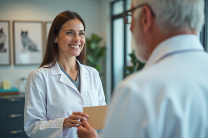 Vétérinaire femme recevant une carte de remerciement d'un homme âgé