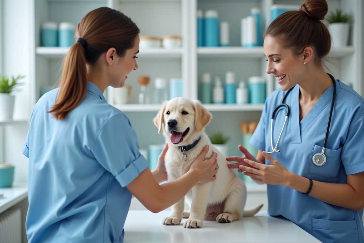 Vétérinaire examinant un chiot dans une clinique moderne