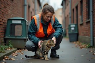 Vétérinaire en extérieur manipulant un chat dans une ruelle urbaine