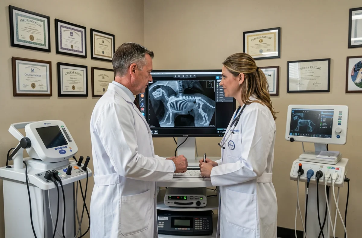 Deux vétérinaires Herzog analysant une radiographie de chien dans leur cabinet professionnel