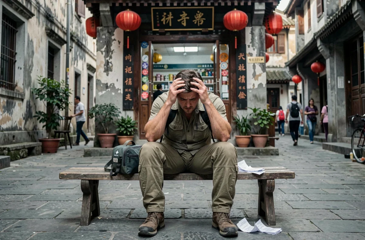 Voyageur occidental en détresse devant une pharmacie traditionnelle en Chine, confronté aux frais médicaux sans assurance voyage