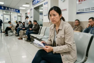 Voyageuse occidentale inquiète dans une salle d'attente d'hôpital en Chine, tenant ses documents de voyage sans assurance adaptée