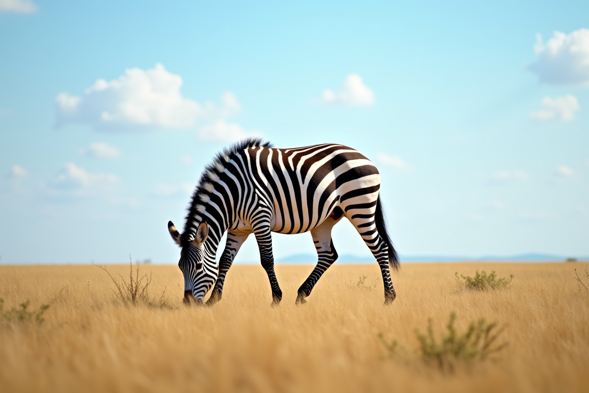Zebre broutant dans la savane sous un ciel bleu