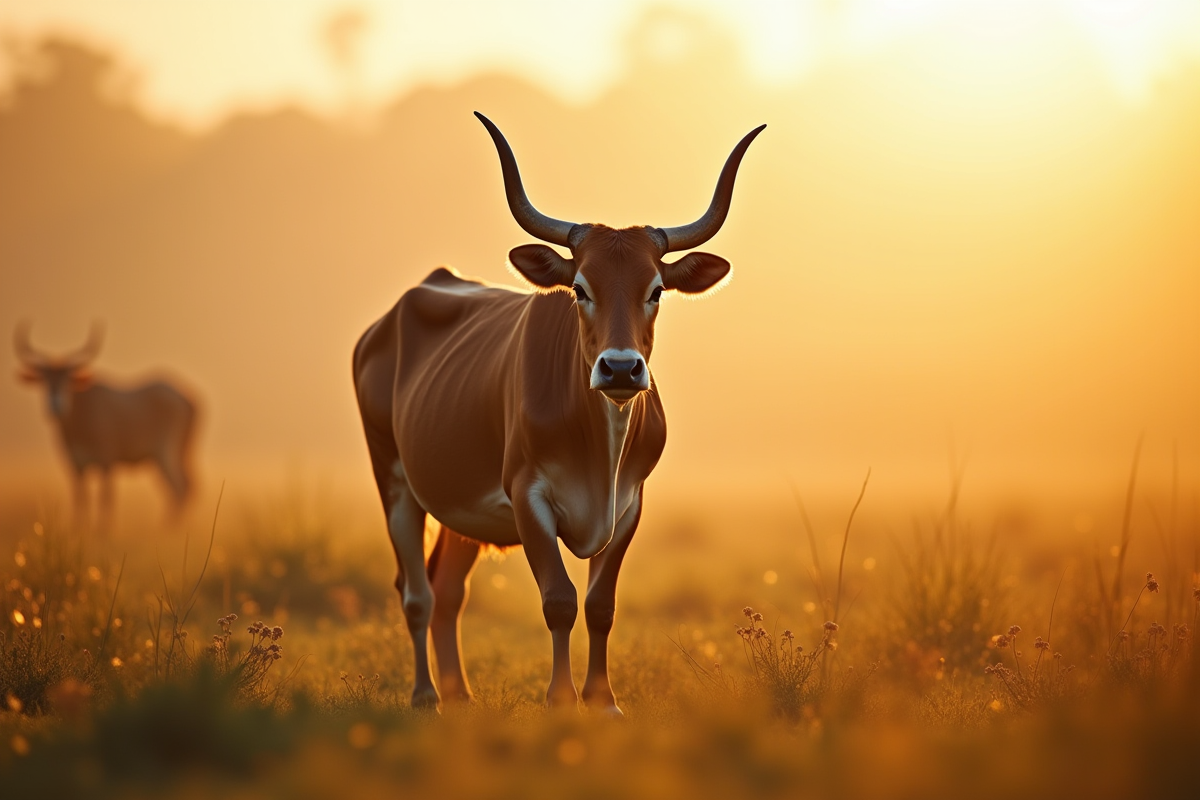 Zebu au lever du soleil sur une plaine verdoyante