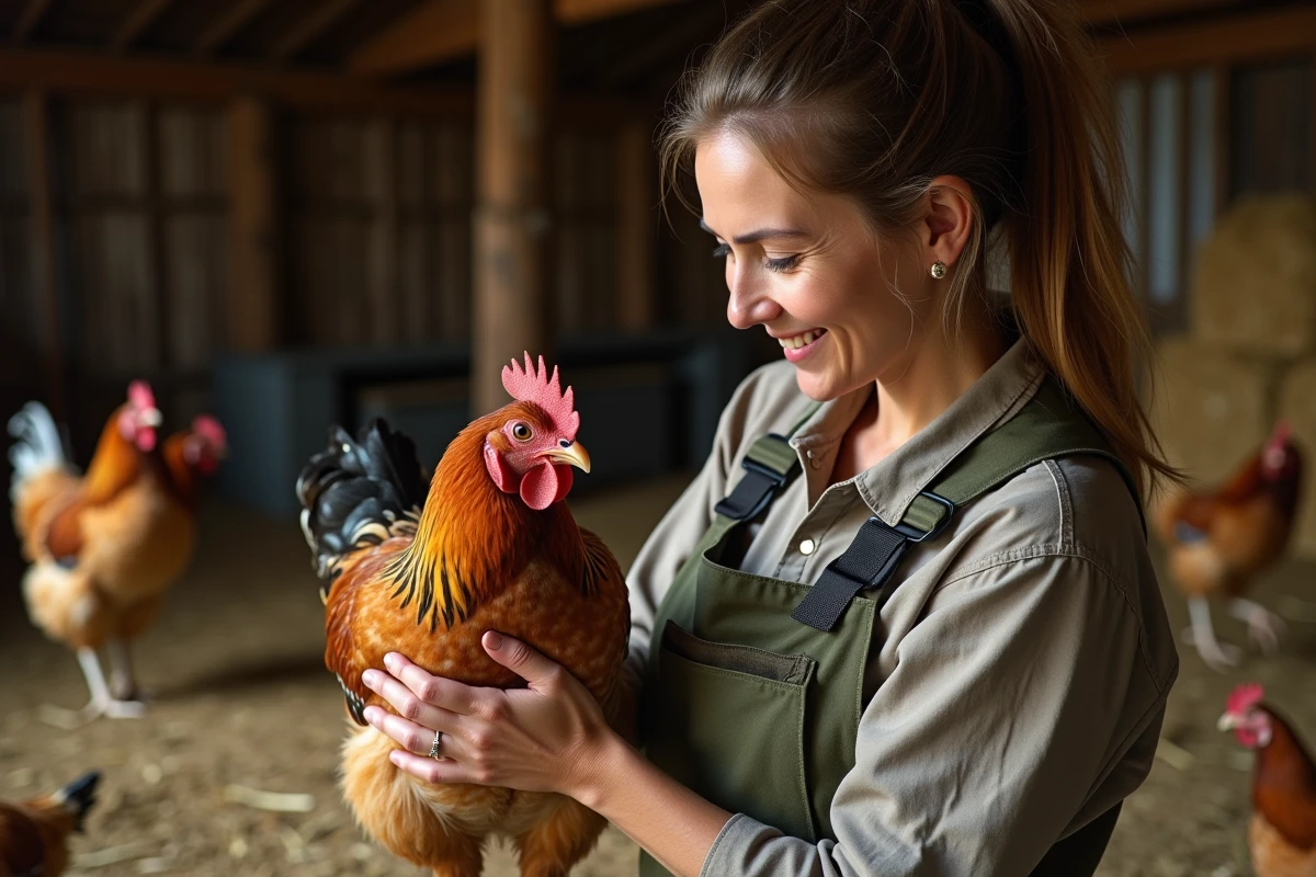 Femmes zoologiste observant des poules dans une ferme
